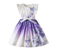Mjjsk Mädchen Sommerkleid Casual Party Floral Rüschen Ärmellos A-Linie Kleider Kinder Geburtstag Schmetterling Swing Sommerkleid Stilvolles Herbstkleid, Y1-2-Lila, 6-7 Jahre