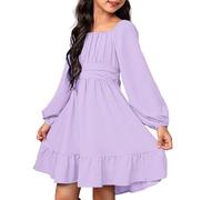 Mjjsk Partykleid für Mädchen, stilvoll, Herbst, langärmelig, Raffhalter, Rüschen, Prinzessin, Hochzeit, Geburtstag, Kinder, einfarbig, A-Linie, Freizeitkleid, violett, 14-15 Jahre
