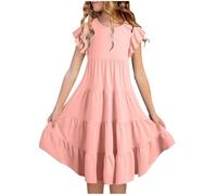 Mjjsk Sommerkleid für Mädchen, lässig, Rüschenärmel, Swing, A-Linie, Partykleider, Hawaii, Urlaub, Strand, fließendes Sommerkleid, Schulkleidung, A02, S-1, Rosa, 10-11 Jahre