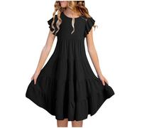 Mjjsk Sommerkleid für Mädchen, lässig, Rüschenärmel, Swing, A-Linie, Partykleider, Hawaii, Urlaub, Strand, fließendes Sommerkleid, Schulkleidung, A02, S-1, Schwarz, 6-7 Jahre
