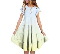 Mjjsk Sommerkleid für Mädchen, lässig, Rüschenärmel, Swing, A-Linie, Partykleider, Hawaii, Urlaub, Strand, fließendes Sommerkleid, Schulkleidung, A02, S-3, Blau, 6-7 Jahre