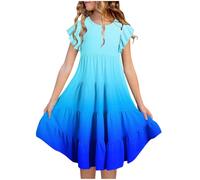Mjjsk Sommerkleid für Mädchen, lässig, Rüschenärmel, Swing, A-Linie, Partykleider, Hawaii, Urlaub, Strand, fließendes Sommerkleid, Schulkleidung, A02, S-2, Blau, 14-15 Jahre