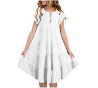 Mjjsk Sommerkleid für Mädchen, lässig, Rüschenärmel, Swing, A-Linie, Partykleider, Hawaii, Urlaub, Strand, fließendes Sommerkleid, Schulkleidung, A02, S-1, Weiß, 12-13 Jahre