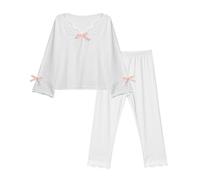 MK MATT KEELY Schlafanzug Mädchen Lang Kuschelig Spitze Pyjama Set mit Schleife Zweiteiliger Kinder Herbst/Winter Nachtwäsche,Weiß,6-7 Jahre