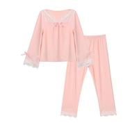 MK MATT KEELY Schlafanzug Mädchen Lang Kuschelig Spitze Pyjama Set mit Schleife Zweiteiliger Kinder Herbst/Winter Nachtwäsche,Rosa,7-8 Jahre