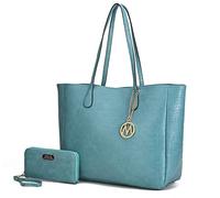 MKF Collection Mia K Tragetasche mit Handgelenktasche für Damen, veganes Leder, Tragegriff oben, Schultertasche Handtasche Geldbörse, Sadie Seafoam, Large