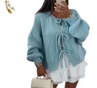 MKFTSM Womens Cardigan Sweaters Long Sleeve Oversized Cute Bow Tie Open Front Knitwears Tops Crew Neck Cropped Fall Winter Outerwear
