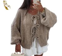 MKFTSM Womens Cardigan Sweaters Long Sleeve Oversized Cute Bow Tie Open Front Knitwears Tops Crew Neck Cropped Fall Winter Outerwear