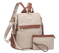 MKP modischer Damen-Rucksack, Geldbörse, PU-Leder, wandelbar, mittelgroß, für Reisen, Schultertaschen, Handtasche und Geldbörse, 2 Stück, Beige-1, Classic