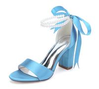 MlYJmer Damen Blockabsatz Sandalen Hochzeitsschuhe Offene Zehen Bequeme Braut Party Kleid Sandalen,Sky Blue,36 EU