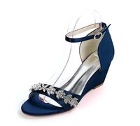 MlYJmer Damen Satin Keilsandaletten - Elegante offene Zehen Riemchensandalen mit Strass für Hochzeit und Abendparty,Dark Blue,39 EU