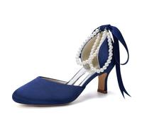MlYJmer ,Dark Blue,43 EU, Damen Perlen Hochzeitschuhe Geschlossene Spitze Braut Pumps, Elegante Satin Mittlerer Absatz Festliche Schuhe