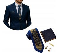 MM FASHION MODERN MAN FASHION Krawatte mit Einstecktuch Set Herren, Elegantes Set mit Krawattennadel, Manschettenknöpfe und Magnetische Geschenkbox, Geschenkset Männer in Blau und Gold