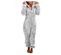 MMIHOIM Jumpsuit Damen Winter Warm Overall Teddy Fleece Einteiler Damen Große Größe Jumpsuit Teddy Fleece Einteiler Onesie Flauschig Weich Hausanzug Einfarbig Schlafoverall (Grau,XL)