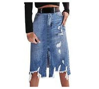 MMOOVV Blauer Jeansrock Unregelmäßiger Rock A-Linie Rock lässige Jeansrock für Frauen Breite Röcke Damen mit Schlitz Knielanger Jeansrock im Ausgestellten Stil aus Dehnbarem Stoff (Blue, L)