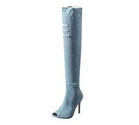 MMOOVV Vintage Denim Damenstiefel mit Mittelhoch Absatz, Modische Jeans-Optik Overknee-Stiefel für den Trendigen Auftritt (Sky Blue, 37)