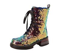 MMOOVV Women Stiefeletten Modische Pailletten im Herbst und Winter Cool Bequeme Runde Zehe Quadratische Ferse Dicke Ferse (B, 40)