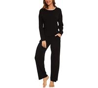 Mnamo Damen Schlafanzug Weich Gestricktes Pyjama Set Schwarz 2 Stück Gemütliche Nachtwäsche Baumwolle und Modal Atmungsaktives Gewebe