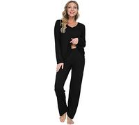 Mnemo Schlafanzug für Damen Weich Gestricktes Schlafanzug Damen lang sexy mit V-Ausschnitt und Exquisitem Gewelltem Saum 2 Stück Slim Fit Frauen Gemütliche Nachtwäsche Schwarz Gr.XL/44 EU