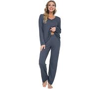 Mnemo Schlafanzug für Damen Weich Gestricktes Schlafanzug Damen lang sexy mit V-Ausschnitt und Exquisitem Gewelltem Saum 2 Stück Slim Fit Frauen Gemütliche Nachtwäsche Dunkelgrau Gr.XXL/46 EU