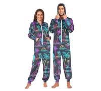 Mnsruu Einteiler für Erwachsene, Einteiler, Schlafanzug für Herren und Damen, Palmen, Surfbretter, Einteiler, Kostüm, mit Kapuze, Nachtwäsche, mehrfarbig, XXL