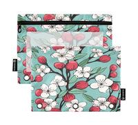 Mnsruu Federmäppchen mit Kirsch- und Blumenmotiv, 2 Stück, Binder-Federmäppchen mit Reißverschluss, transparentes Fenster, Reißverschluss, Federmäppchen für Bürobedarf, Mehrfarbig, Einheitsgröße