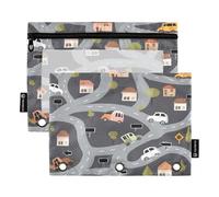 Mnsruu Federmäppchen mit niedlichem LKW-Straßenmuster, für 3-Ringbücher mit Reißverschluss, 2 Stück, Federmäppchen mit transparentem Fenster, Kosmetiktasche für Büro, College, Mehrfarbig