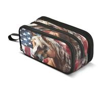 Mnsruu Federmäppchen mit Pferdemotiv Amerika-Flagge, großes Fassungsvermögen, Stiftetasche, 3 Fächer, große Stiftebox für Jungen und Mädchen, Schule, Aufbewahrungs-Organizer