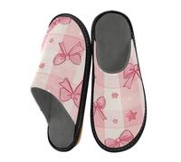 Mnsruu Hausschuhe für Herren, niedliches rosa Stern-Schleifenmuster, warm, flauschig, rutschfeste Sohlen für drinnen und draußen, Niedliches rosa Sternschleifenmuster, 45/45.5 EU