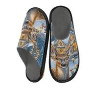 Mnsruu Herren-Hausschuhe, gemütlich, Hüttenhausschuhe mit Hirsch, warm, flauschig, rutschfeste Sohlen für drinnen und draußen, Cozy Cottage Nestled Deer, 45/45.5 EU