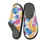 Mnsruu Herren-Hausschuhe, lila, blau, gelb, Blätter, warm, flauschig, rutschfeste Sohlen für drinnen und draußen, Violett, Blau, Gelb, Blätter, 45/45.5 EU