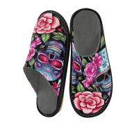 Mnsruu Herren-Hausschuhe, menschliches Skelett und rosa Blumen, warm, flauschig, rutschfeste Sohlen für drinnen und draußen, Menschliches Skelett und rosa Blumen, 42/43 EU