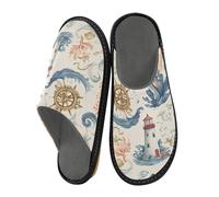 Mnsruu Herren Hausschuhe Ocean Wave Light Tower Coral Bird Sea Star Warm Fuzzy House Slippers für Frauen Rutschfeste Indoor/Outdoor Sohlen, Ocean Wave Light Tower Coral Bird Sea Star, 45/45.5 EU