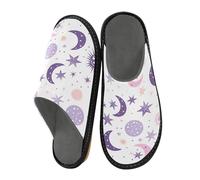 Mnsruu Herren Slipper Halbmond Stern Rosa Weiß Lila Muster Warm Fuzzy Haus Hausschuhe für Frauen Rutschfeste Indoor/Outdoor Sohlen, Halbmond-Stern, Rosa, Weiß, Violett, 45/45.5 EU
