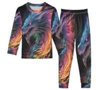 Mnsruu Kinder-Schlafanzug-Set mit bunten Drachen, langärmelig, weiche Baumwolle, 2-teilig, für Jungen und Mädchen, mehrfarbig, 3 Jahre