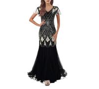 MNSWR Damen Karneval Kleidung 1920 Damen Retro-Paillettenkleid, Bankett-Licht, luxuriös, Party Abendkleid, Fischschwanzrock, Langer Stil(Schwarz,XL)