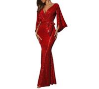 MNSWR Damen Karneval Kleidung Bodenlanges Abendkleid für Damen mit Geschlitzten, einfarbigen Pailletten(Rot,XL)