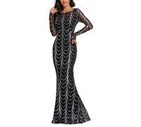 MNSWR Damen Karneval Kleidung Damen Langarm Abendkleid Pailletten Rundhalsausschnitt Glänzender Satin Slim Fit Formelles Abendkleid(Schwarz,M)