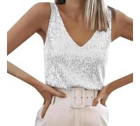 MNSWR Damen Karneval Kleidung Damen Tops Pailletten V-Ausschnitt Tank Top Glitzer Abendgarderobe mit Trägern(Silber,S)