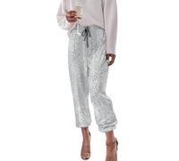 MNSWR Damen Karneval Kleidung Frauen Tuch Hohe Pailletten Fuß Sexy Hosen Mode Stil Taille Band Hosen Rüschen(Silber,XXL)