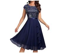MNSWR Damen Karneval Kleidung Kurzärmliges Damen-Brautkleid für die Hochzeit, mittellanges formelles Abendkleid Spitze, Chiffon(Dunkelblau,L)