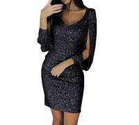 MNSWR Damen Karneval Kleidung Langes Glänzendes Paillettenkleid mit Ärmeln für Damen Elegantes Abendmode Kleid für Gesellschaft Club(Schwarz,5XL)