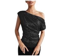 MNSWR Damen Karneval Kleidung One-Shoulder-Pailletten Glitzeroberteil für Damen, gerüschte, asymmetrische Glitzer Oberteile, schlankmachende Party Hemden(Schwarz,S)