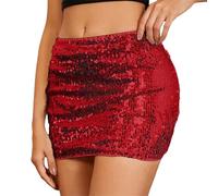 MNSWR Damen Karneval Kleidung Skirt Halbslim Rock-Funkelnde Perlen Rock mit Glitzer-Details eleganter Bankettsrock Bequeme Passform modischer Hüftrock(Rot,S)