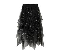 MNSWR Damen Karneval Kleidung Tüllröcke mit Stern-Pailletten für Damen, Langer Paillettenrock, Tutu, High Low-Rock, funkelnder, mehrlagiger A Linien Rock mit elastischer Taille(Schwarz,XXL)