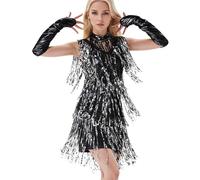 MNSWR Damen Karneval Kleidung Women's Formal Dress-Retro-Kleid mit Pailletten Fransen hochwertiges Tanzkleid Party Tanzkleid Elegantes Paillettenkleid stilvolles Kleid für Festliche(Schwarz,XL)