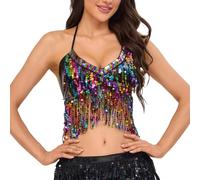 MNSWR Damen Karneval Kleidung Womens Tanks &-Bauchtanz-BH mit Paillettenquaste als Allround Kleidungsstück für Alltag Büro Urlaub festliche Anlässe Sorbet Fashion(Schwarz,Einheitsgröße)