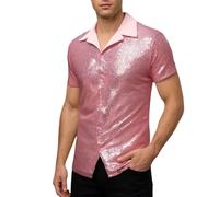 MNSWR Herren Karneval Kleidung Disco-Glitzer-Kurzarmhemd für Alltag Feiern Modernes Partyhemd mit Glanz Highlights vielseitig kombinierbar leichte Pflege saisonunabhängig Tanzclub Styling(Rosa,L)