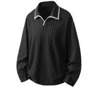MNSWR Herren Karneval Kleidung Herren Langarm Polohemd Strukturiertem Streifenstrick für lässiges Business Casual mit bequemer Passform vielseitiger Herbstgarderobe(Schwarz,L)