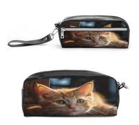 MNVTSKOP Kleine Make-up-Tasche mit orangefarbener Katze, kleine Kosmetiktasche, tragbarer Schreibwaren-Organizer für Frauen, Lehrer